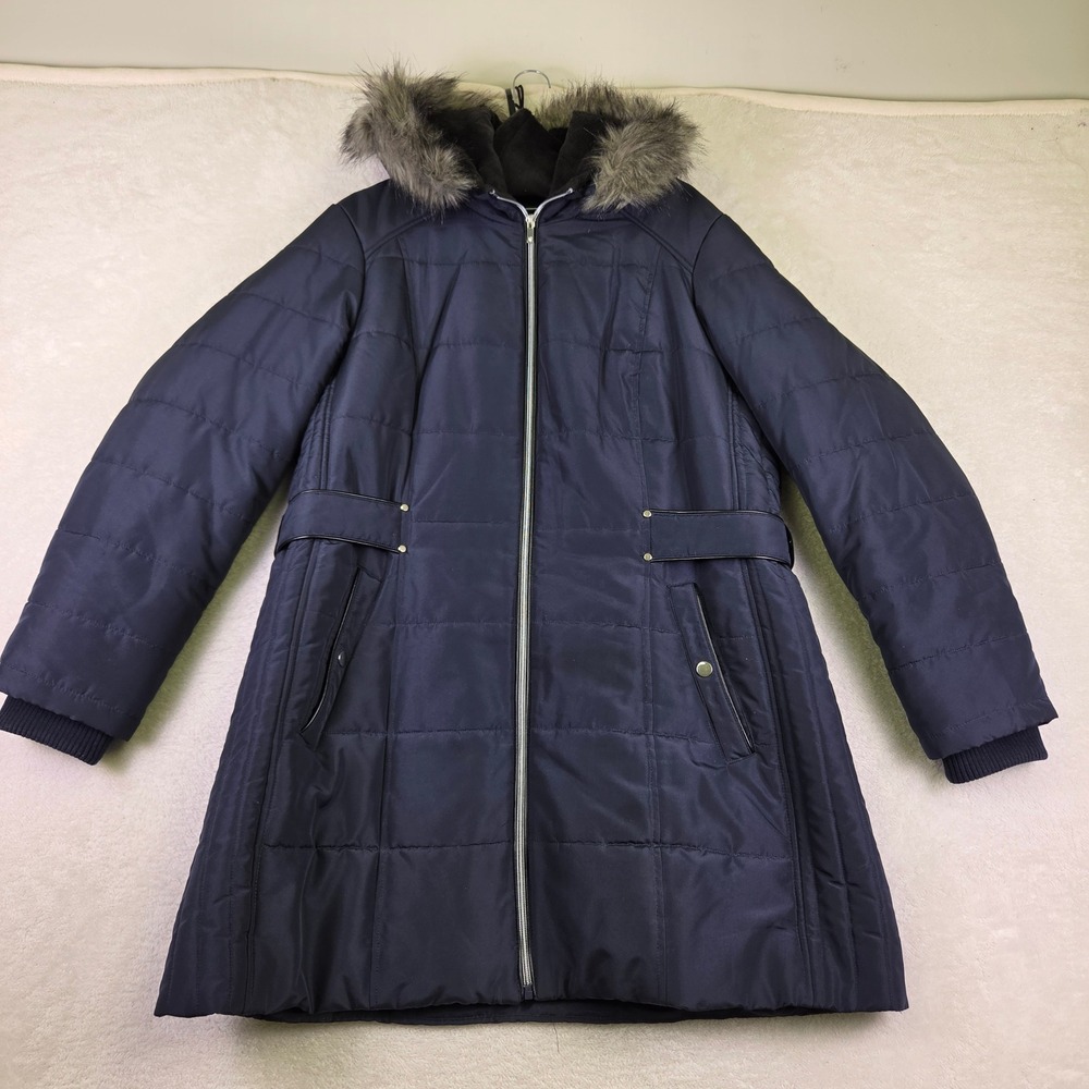Avenue Navy Blue Quilted Puffer Parka Faux Fur Trim Hood Jacket Womens 14/16